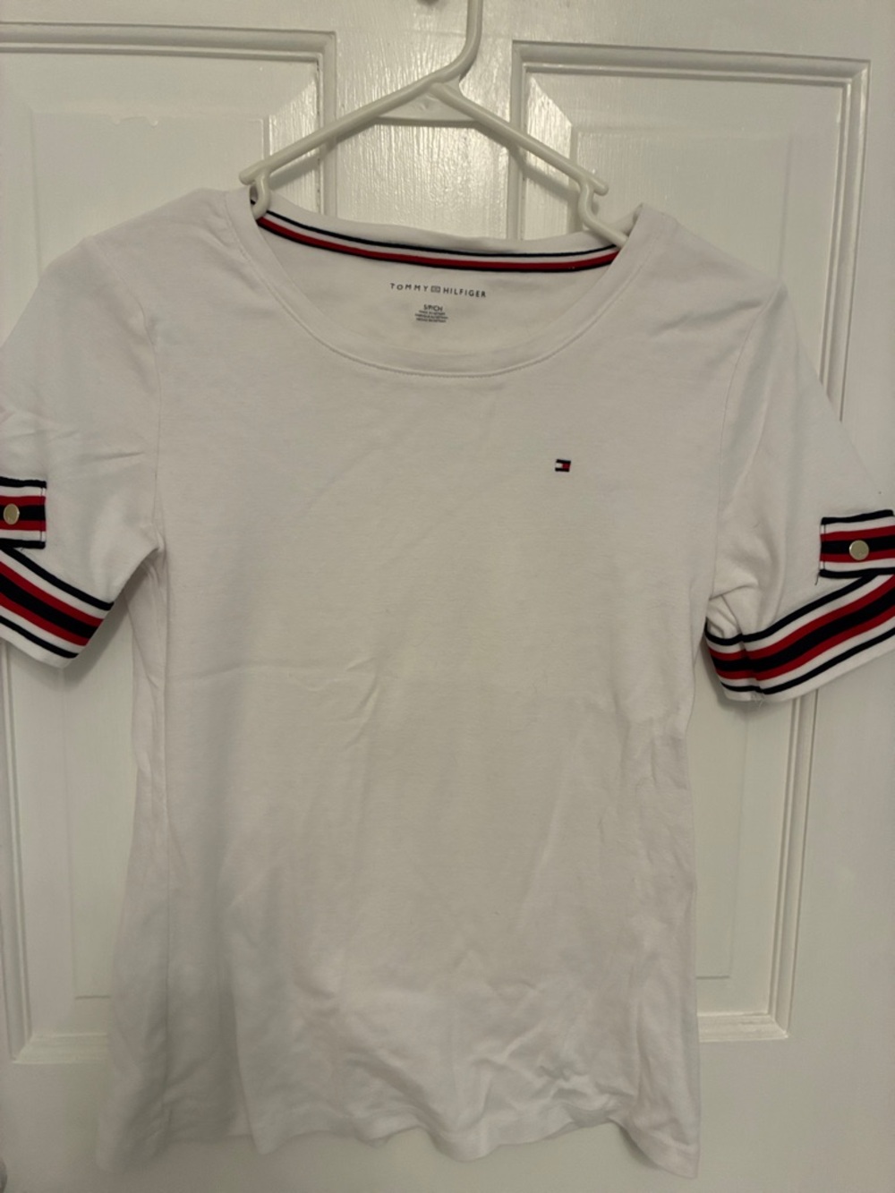 Tommy Hilfiger White Tee with Red & Navy Stripe Trim